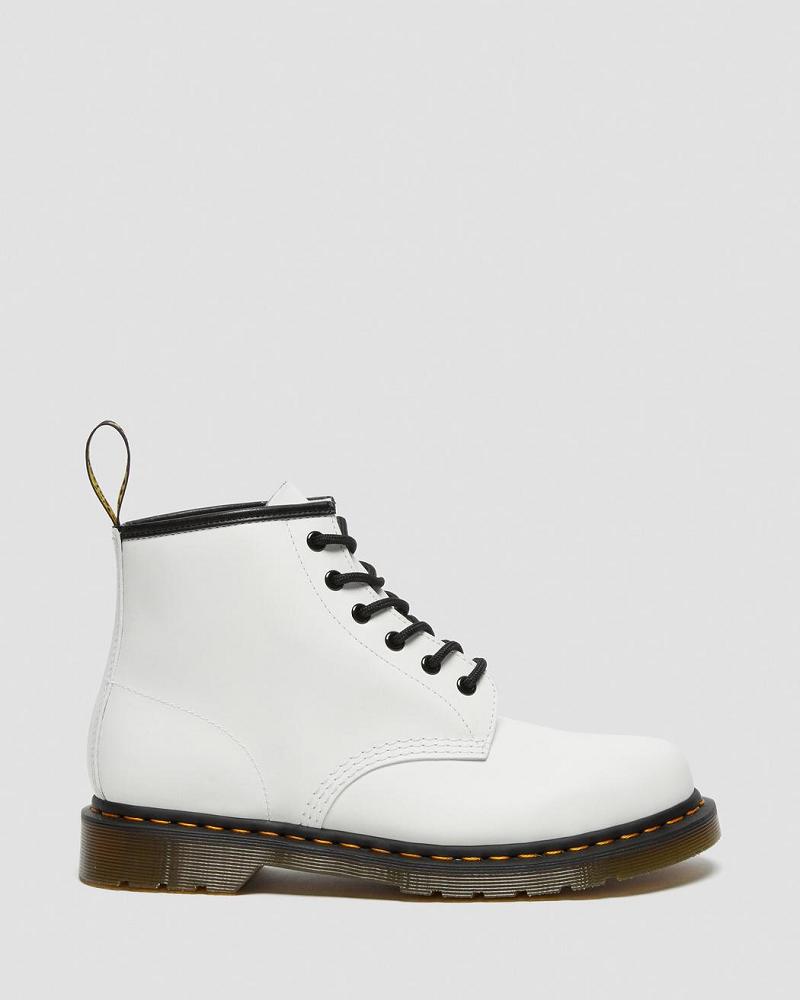 White Men's Dr Martens 101 Yellow Stitch Smooth Leather Ankle Boots | CA 412JPQ